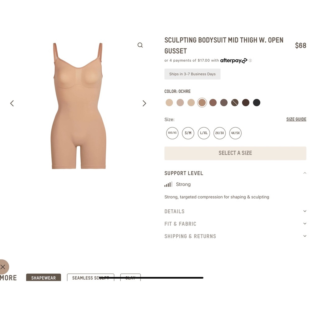 SCULPTING BODYSUIT MID THIGH W. OPEN GUSSET | OCHRE × 1